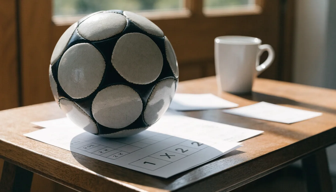 Un pallone da calcio appoggiato su una schedina bianca su un tavolo di legno, alla luce del giorno