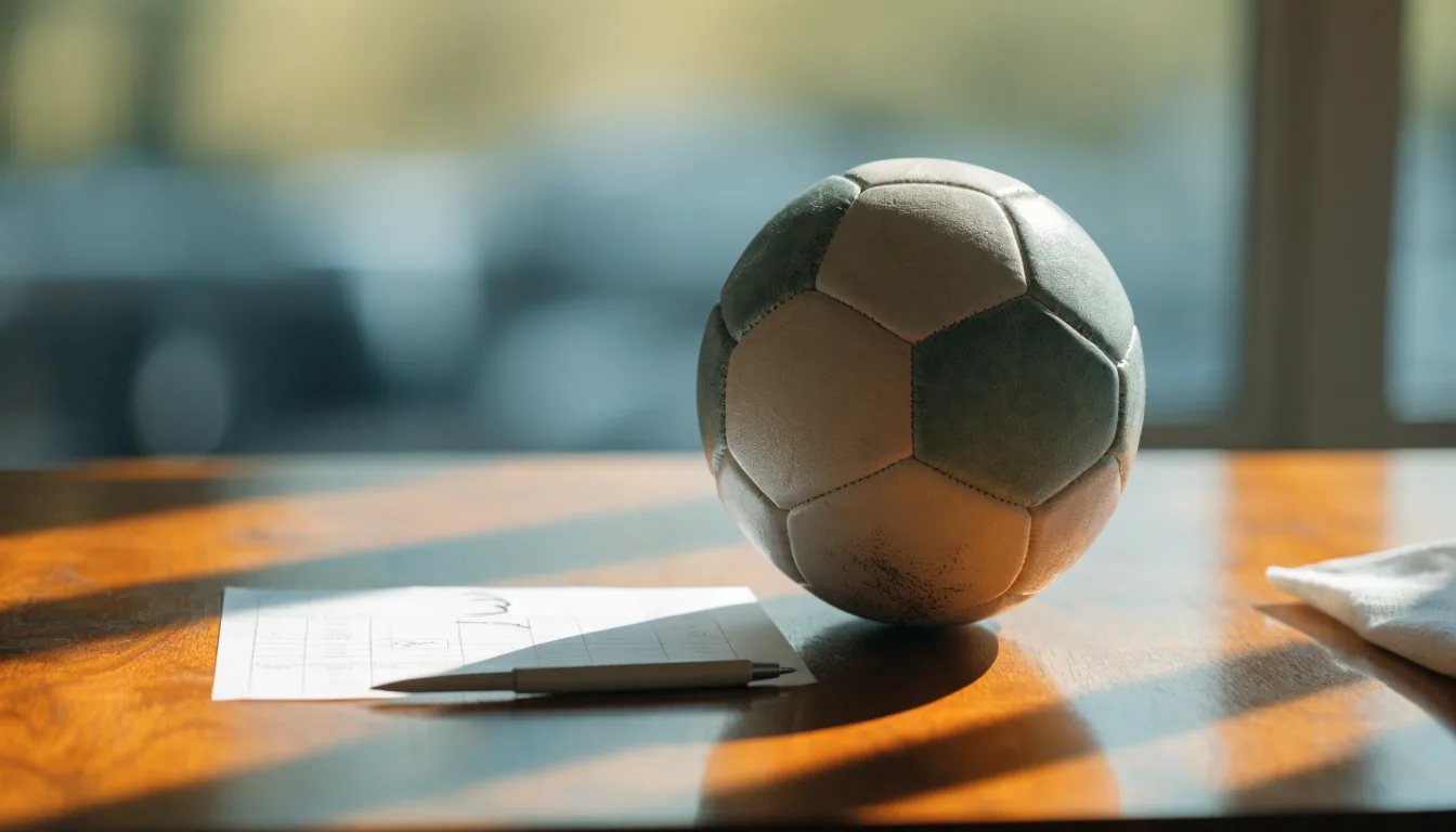 Un pallone da calcio appoggiato su una schedina bianca su un tavolo di legno, alla luce del giorno