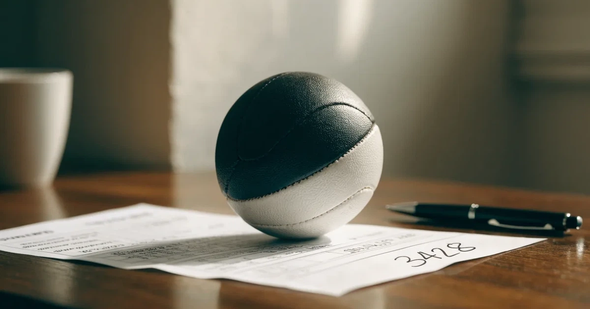 Un pallone da calcio appoggiato su una schedina bianca su un tavolo di legno, alla luce del giorno