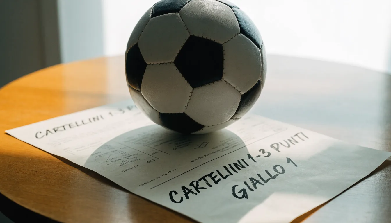 Un pallone da calcio appoggiato su una schedina bianca su un tavolo di legno, alla luce del giorno
