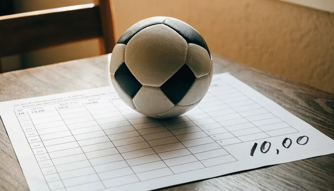 Un pallone da calcio appoggiato su una schedina bianca su un tavolo di legno, alla luce del giorno