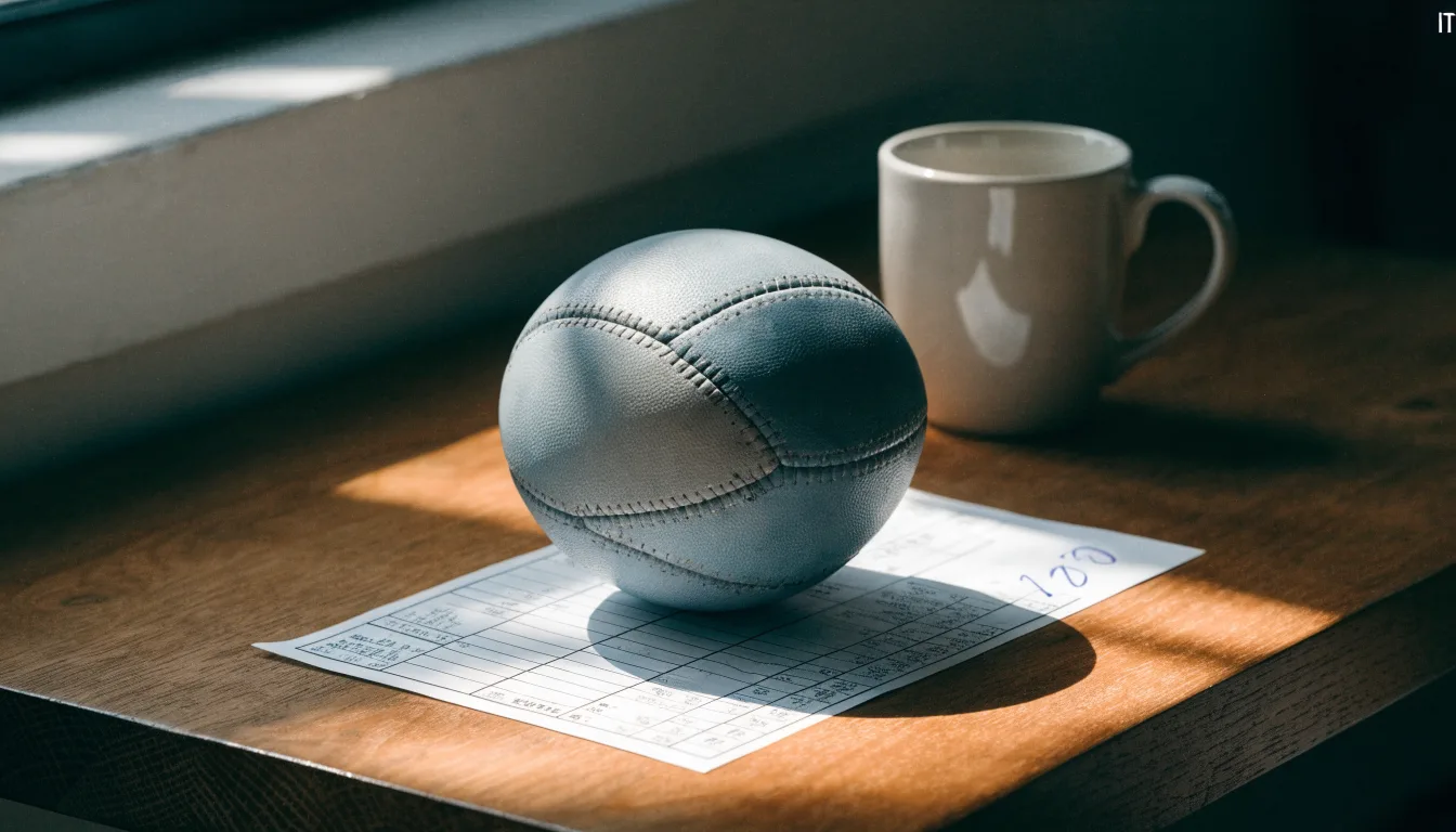 Un pallone da calcio appoggiato su una schedina bianca su un tavolo di legno, alla luce del giorno