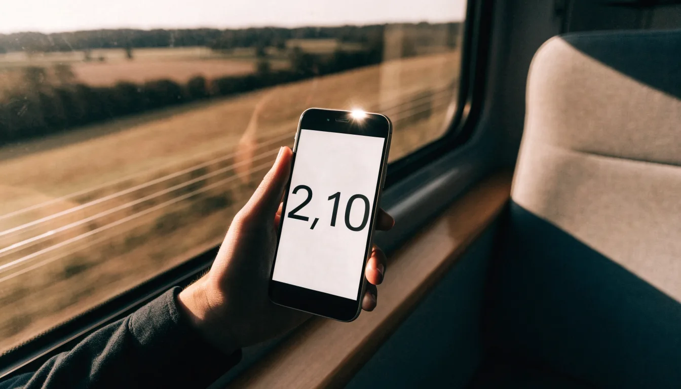 Una mano che tiene uno smartphone con una scommessa sullo schermo, su un treno nel tardo pomeriggio