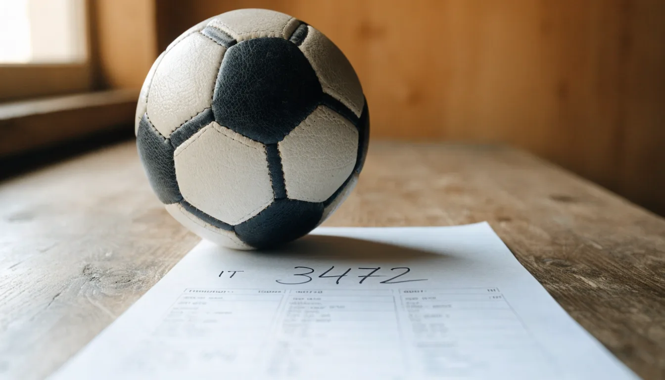 Un pallone da calcio appoggiato su una schedina bianca su un tavolo di legno, alla luce del giorno