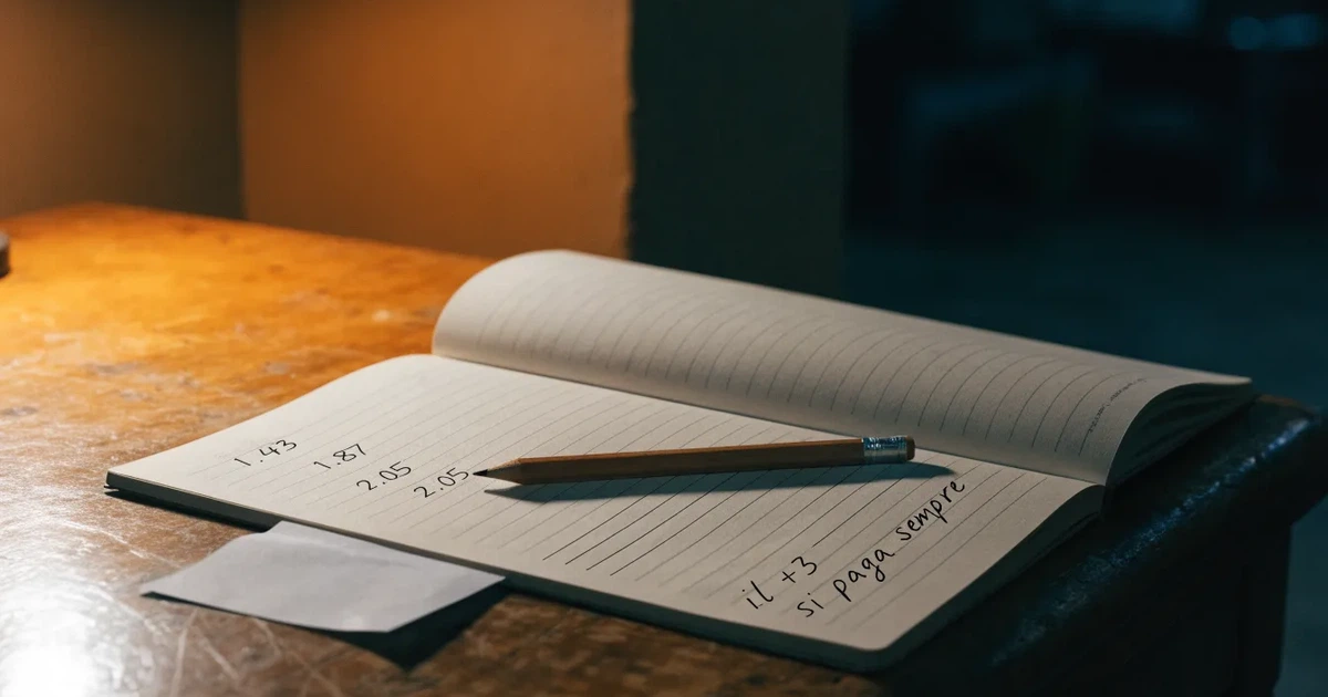 Un quaderno aperto con quote scritte a mano, una calcolatrice e una matita su un tavolo di legno
