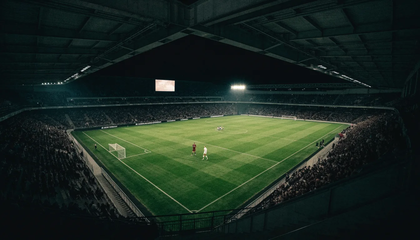 Un tabellone elettronico di uno stadio con il risultato a metà del secondo tempo, visto dalle tribune