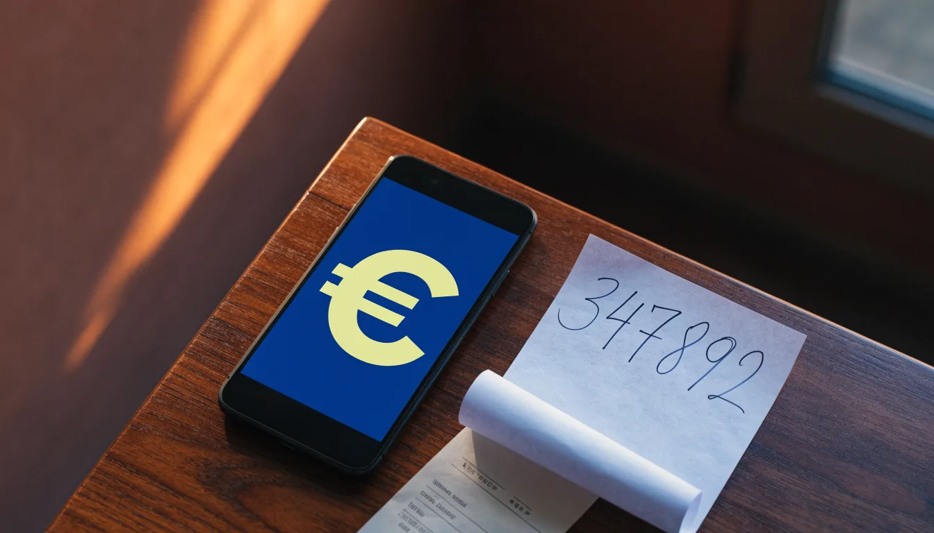 Uno smartphone e una carta di pagamento affiancati su un tavolo di legno, con alcune banconote da euro accanto