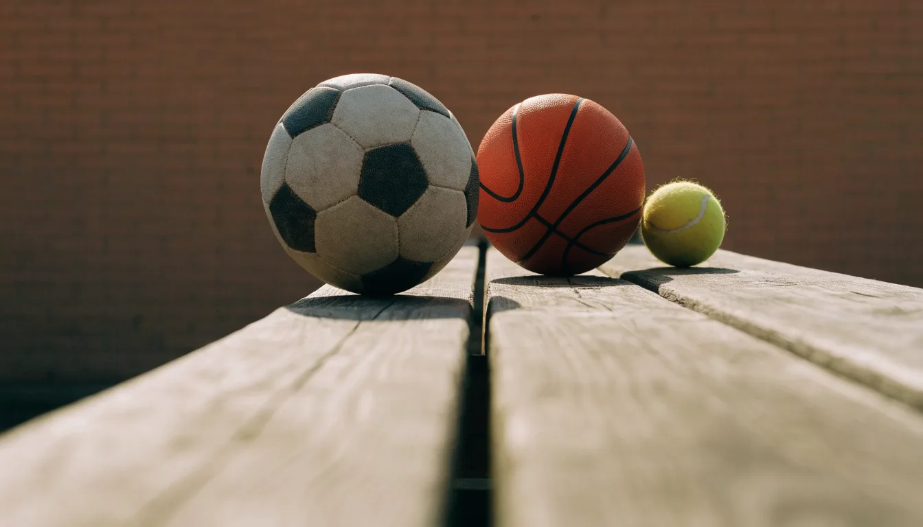 Tre palloni di sport diversi allineati uno accanto all'altro su una panca di legno