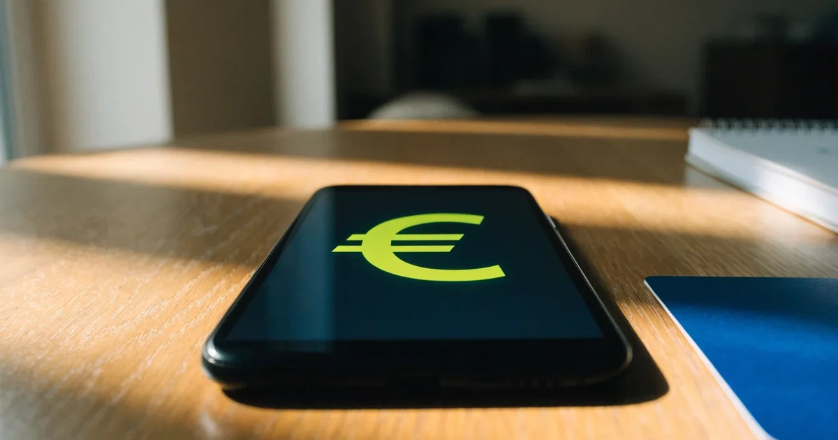 Uno smartphone e una carta di pagamento affiancati su un tavolo di legno, con alcune banconote da euro accanto