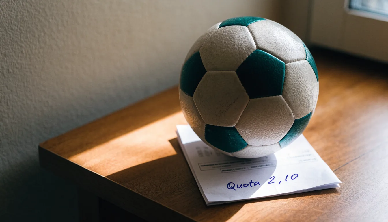 Un pallone da calcio appoggiato su una schedina bianca su un tavolo di legno, alla luce del giorno