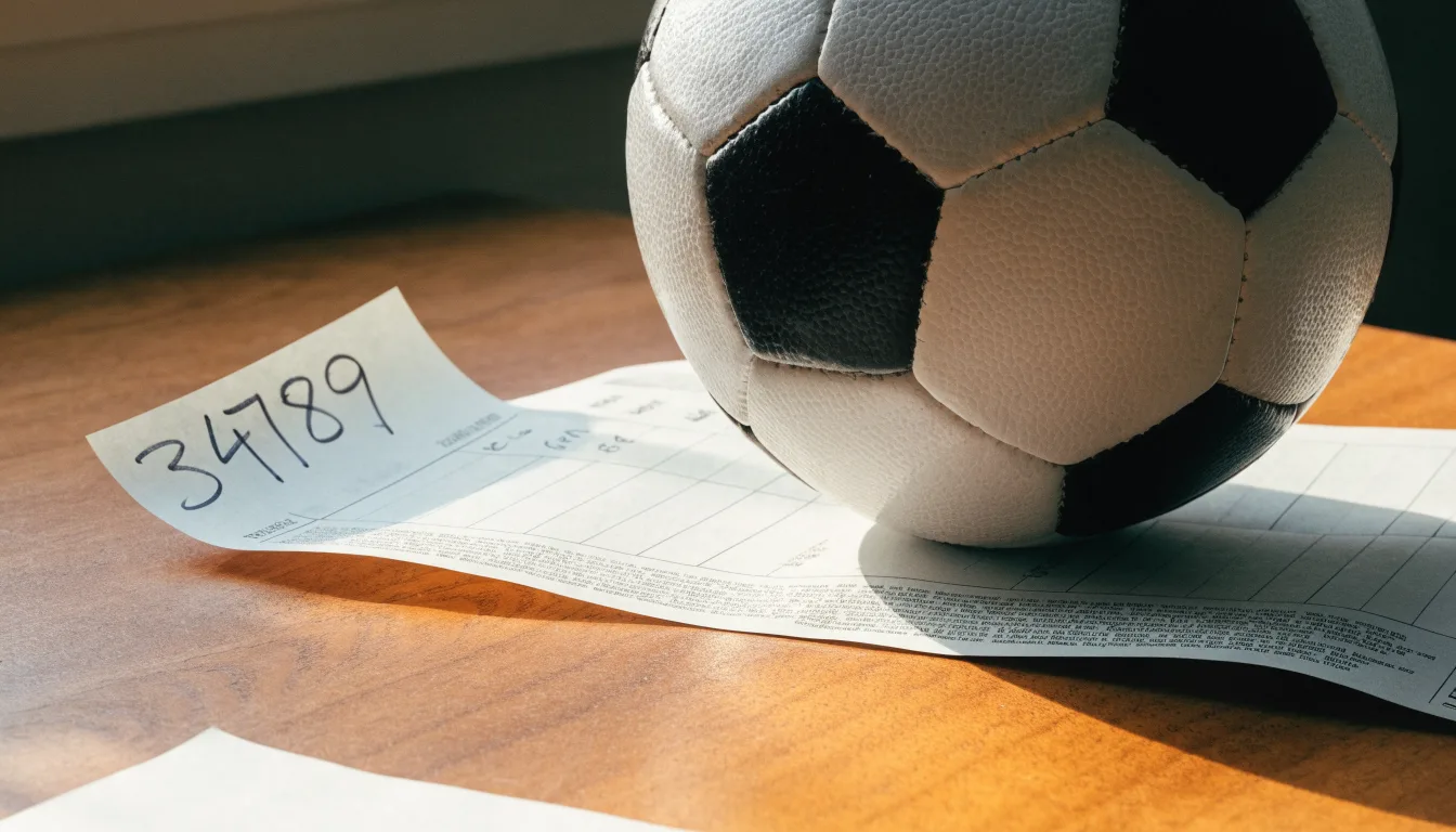 Un pallone da calcio appoggiato su una schedina bianca su un tavolo di legno, alla luce del giorno