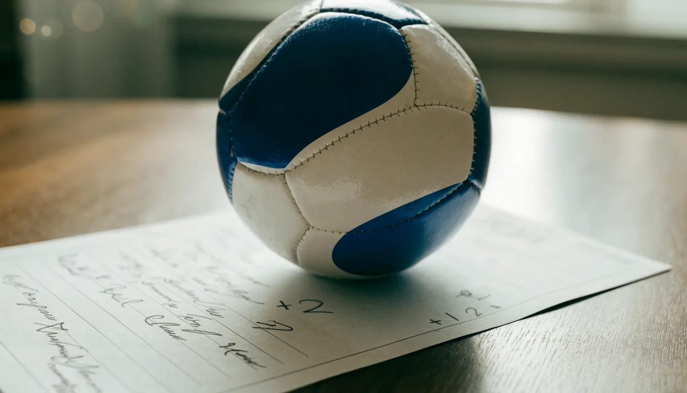 Un pallone da calcio appoggiato su una schedina bianca su un tavolo di legno, alla luce del giorno