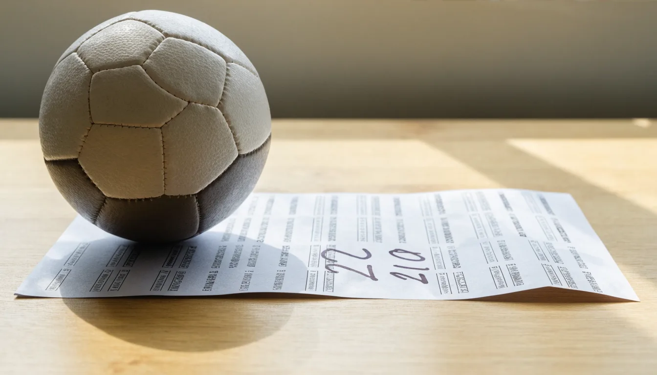 Un pallone da calcio appoggiato su una schedina bianca su un tavolo di legno, alla luce del giorno