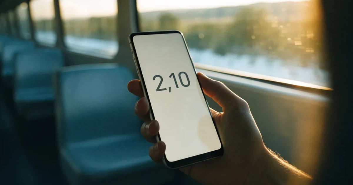 Una mano che tiene uno smartphone con una scommessa sullo schermo, su un treno nel tardo pomeriggio