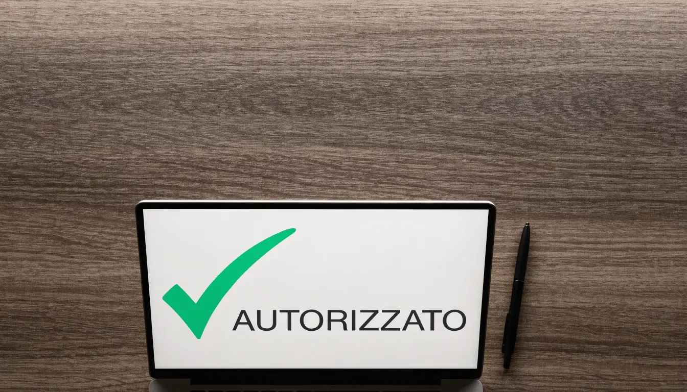 Un foglio di concessione in carta con un timbro rosso, appoggiato su una scrivania di legno accanto a una penna