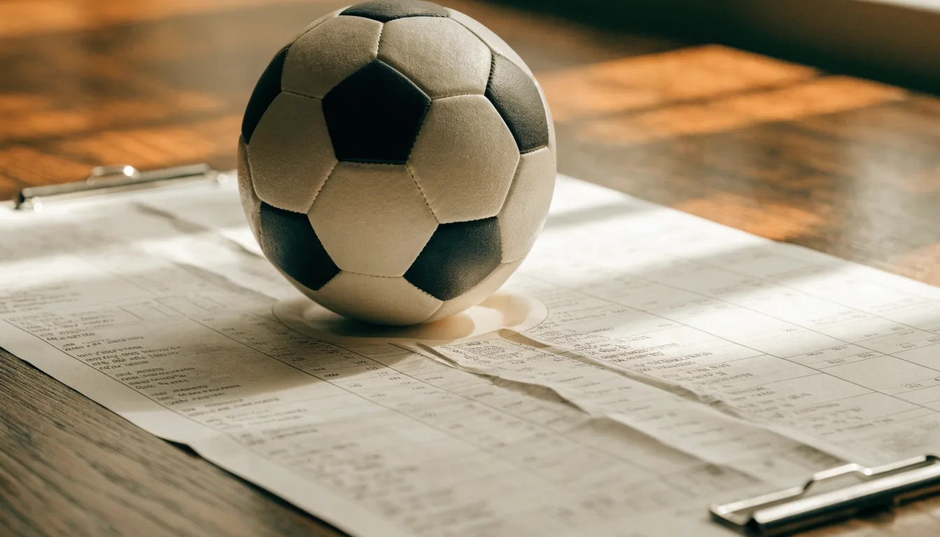 Un pallone da calcio appoggiato su una schedina bianca su un tavolo di legno, alla luce del giorno