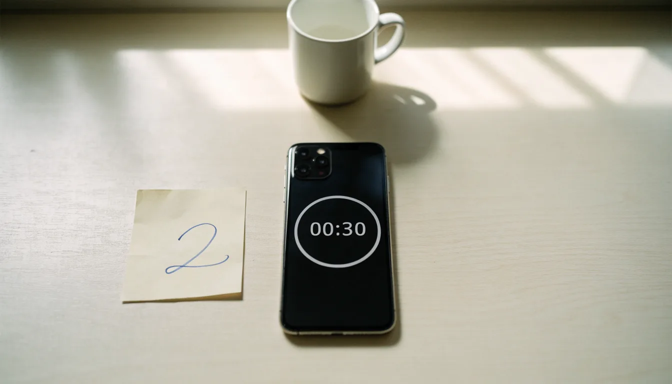 Un documento di identità appoggiato accanto a uno smartphone con un timer sullo schermo, su un tavolo da cucina