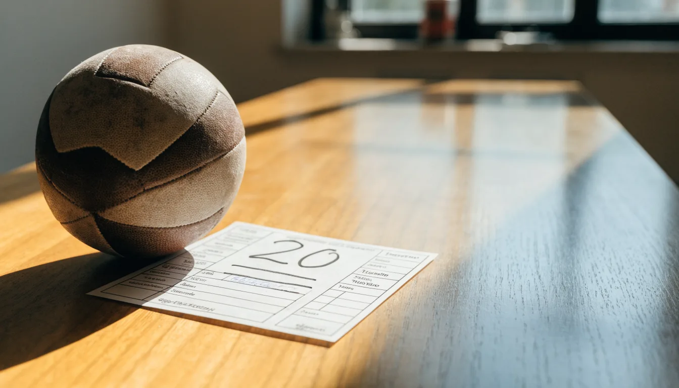 Un pallone da calcio appoggiato su una schedina bianca su un tavolo di legno, alla luce del giorno