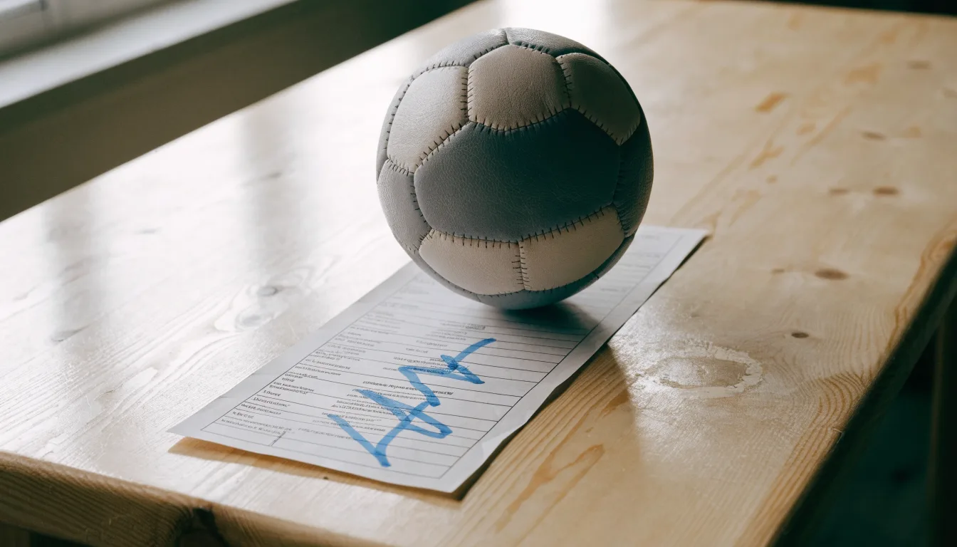 Un pallone da calcio appoggiato su una schedina bianca su un tavolo di legno, alla luce del giorno