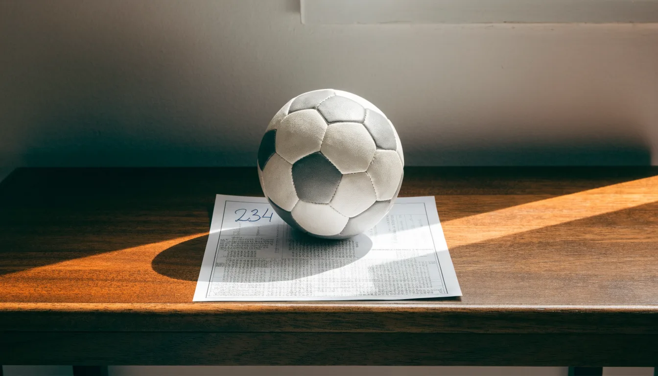 Un pallone da calcio appoggiato su una schedina bianca su un tavolo di legno, alla luce del giorno