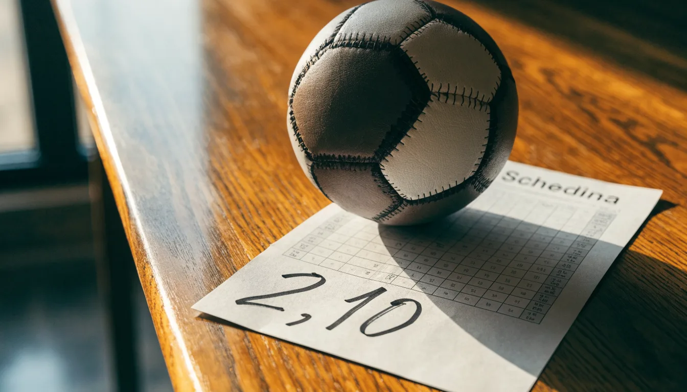 Un pallone da calcio appoggiato su una schedina bianca su un tavolo di legno, alla luce del giorno