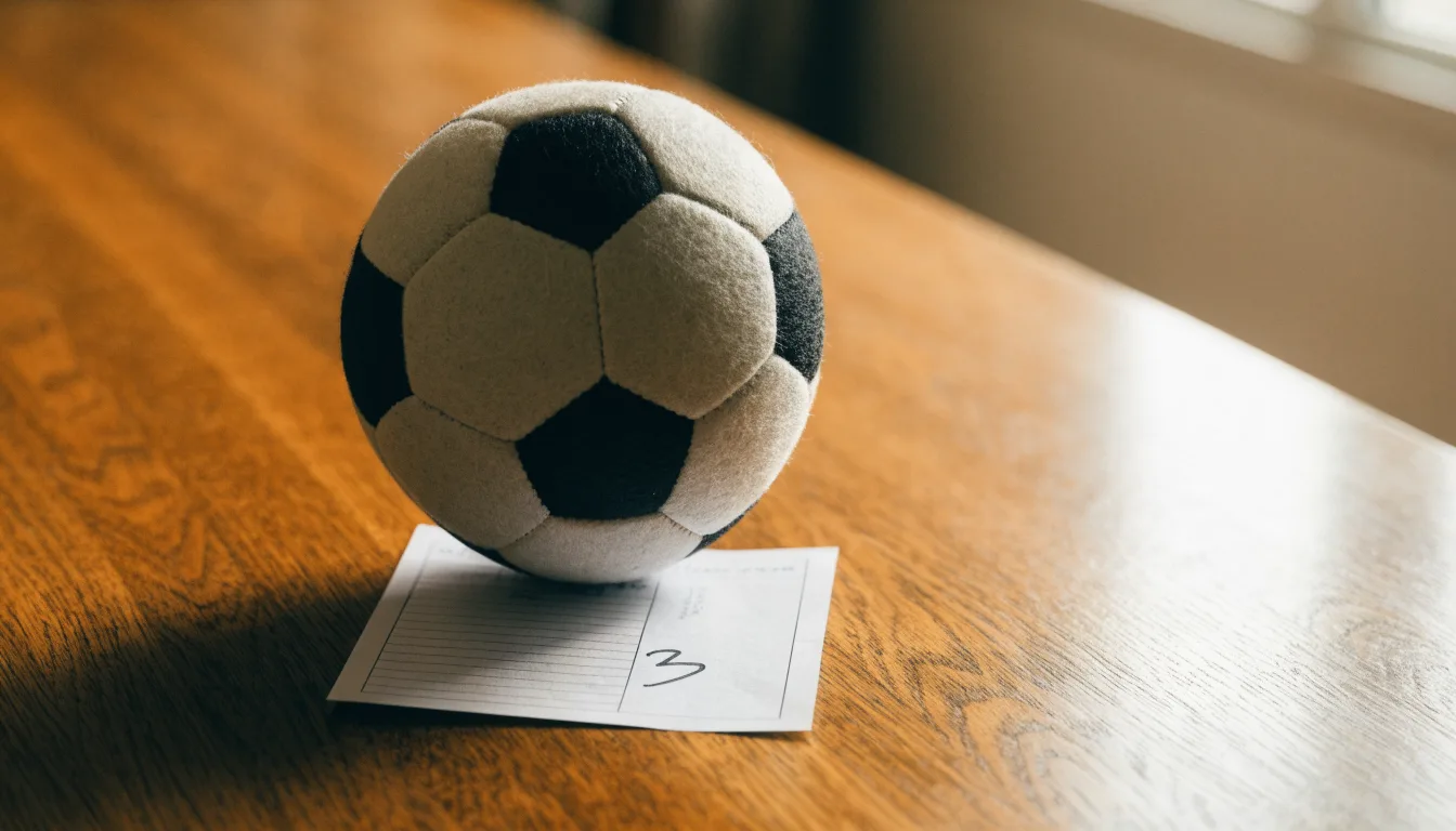 Un pallone da calcio appoggiato su una schedina bianca su un tavolo di legno, alla luce del giorno