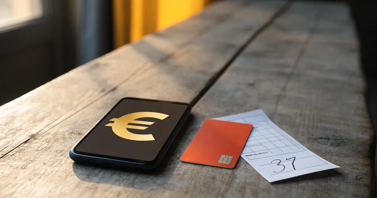 Uno smartphone e una carta di pagamento affiancati su un tavolo di legno, con alcune banconote da euro accanto