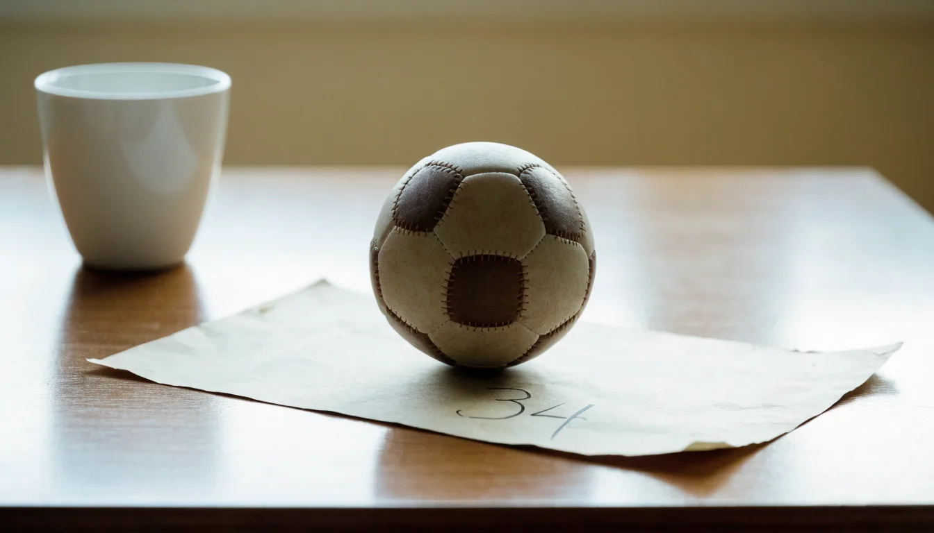 Un pallone da calcio appoggiato su una schedina bianca su un tavolo di legno, alla luce del giorno