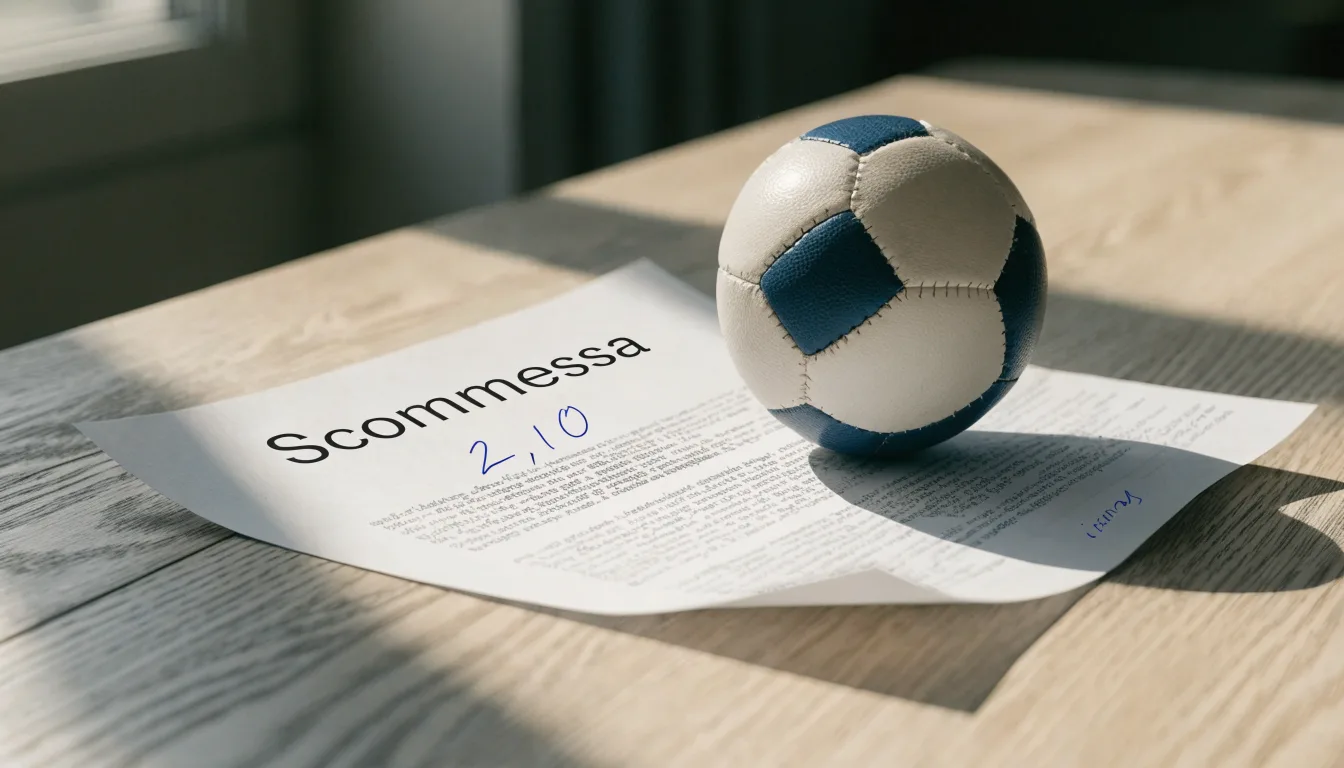 Un pallone da calcio appoggiato su una schedina bianca su un tavolo di legno, alla luce del giorno