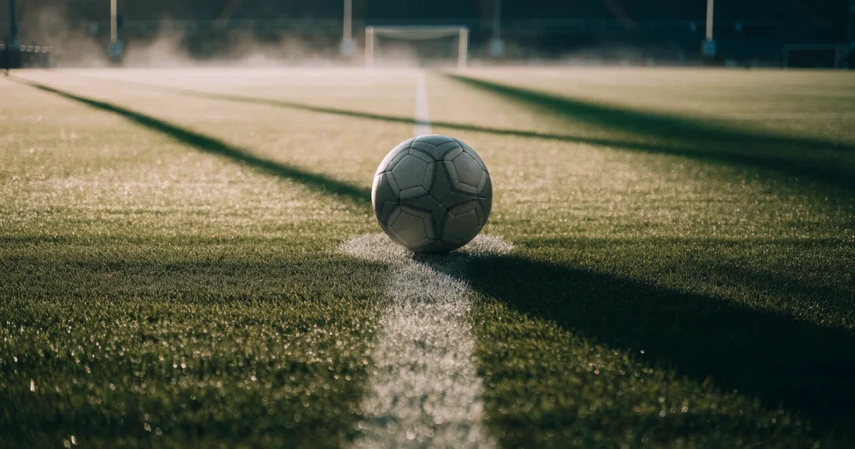 Un pallone da calcio sul dischetto del centrocampo di un prato, alla luce del mattino
