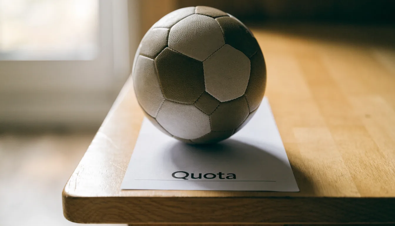 Un pallone da calcio appoggiato su una schedina bianca su un tavolo di legno, alla luce del giorno