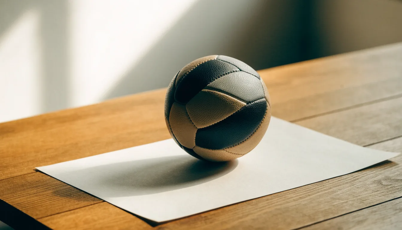 Un pallone da calcio appoggiato su una schedina bianca su un tavolo di legno, alla luce del giorno