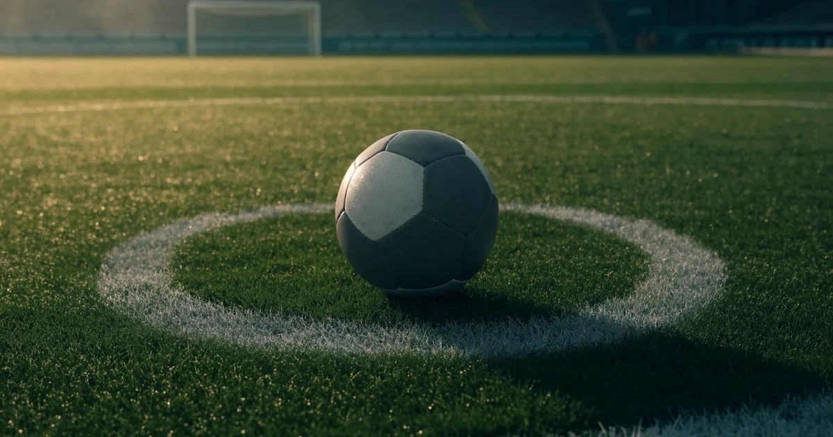 Un pallone da calcio sul dischetto del centrocampo di un prato, alla luce del mattino