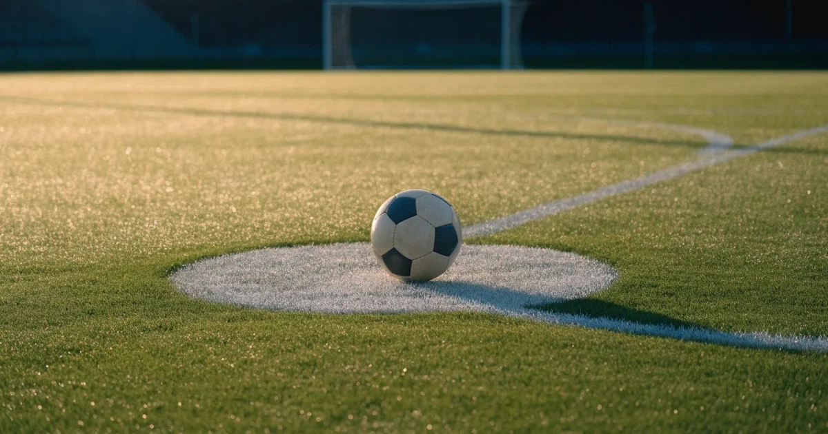 Un pallone da calcio sul dischetto del centrocampo di un prato, alla luce del mattino