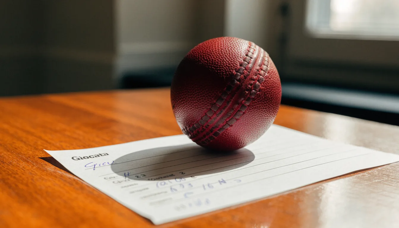 Un pallone da calcio appoggiato su una schedina bianca su un tavolo di legno, alla luce del giorno