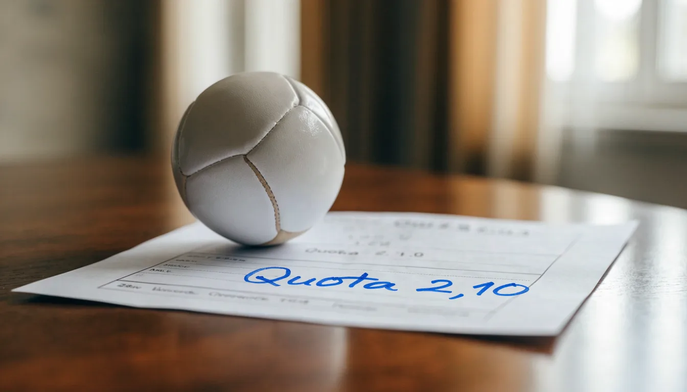 Un pallone da calcio appoggiato su una schedina bianca su un tavolo di legno, alla luce del giorno