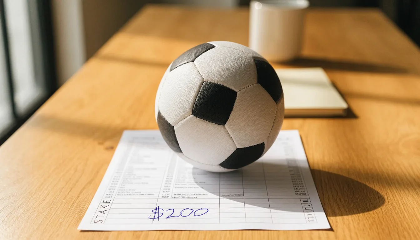 Un pallone da calcio appoggiato su una schedina bianca su un tavolo di legno, alla luce del giorno