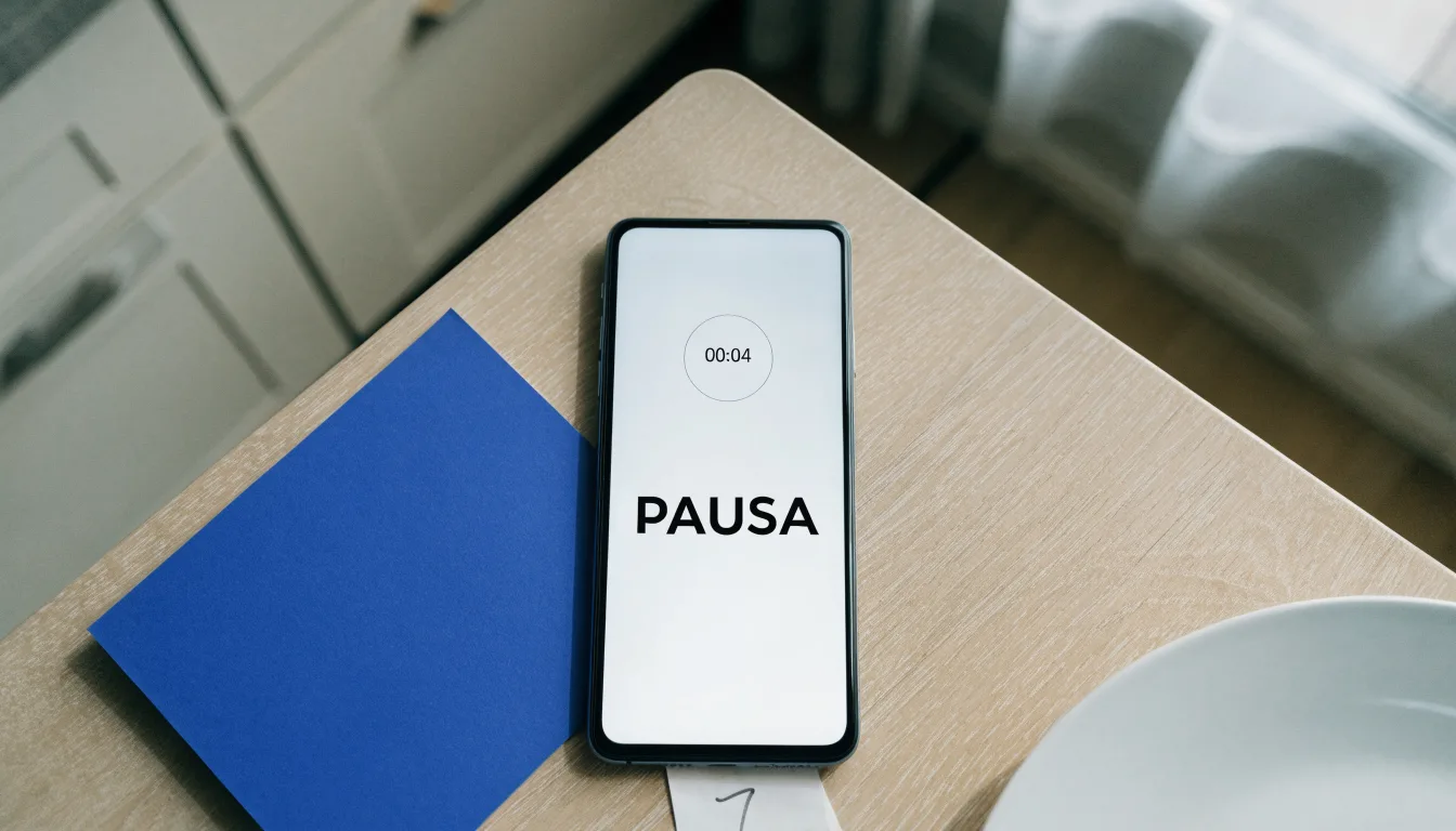 Un documento di identità appoggiato accanto a uno smartphone con un timer sullo schermo, su un tavolo da cucina