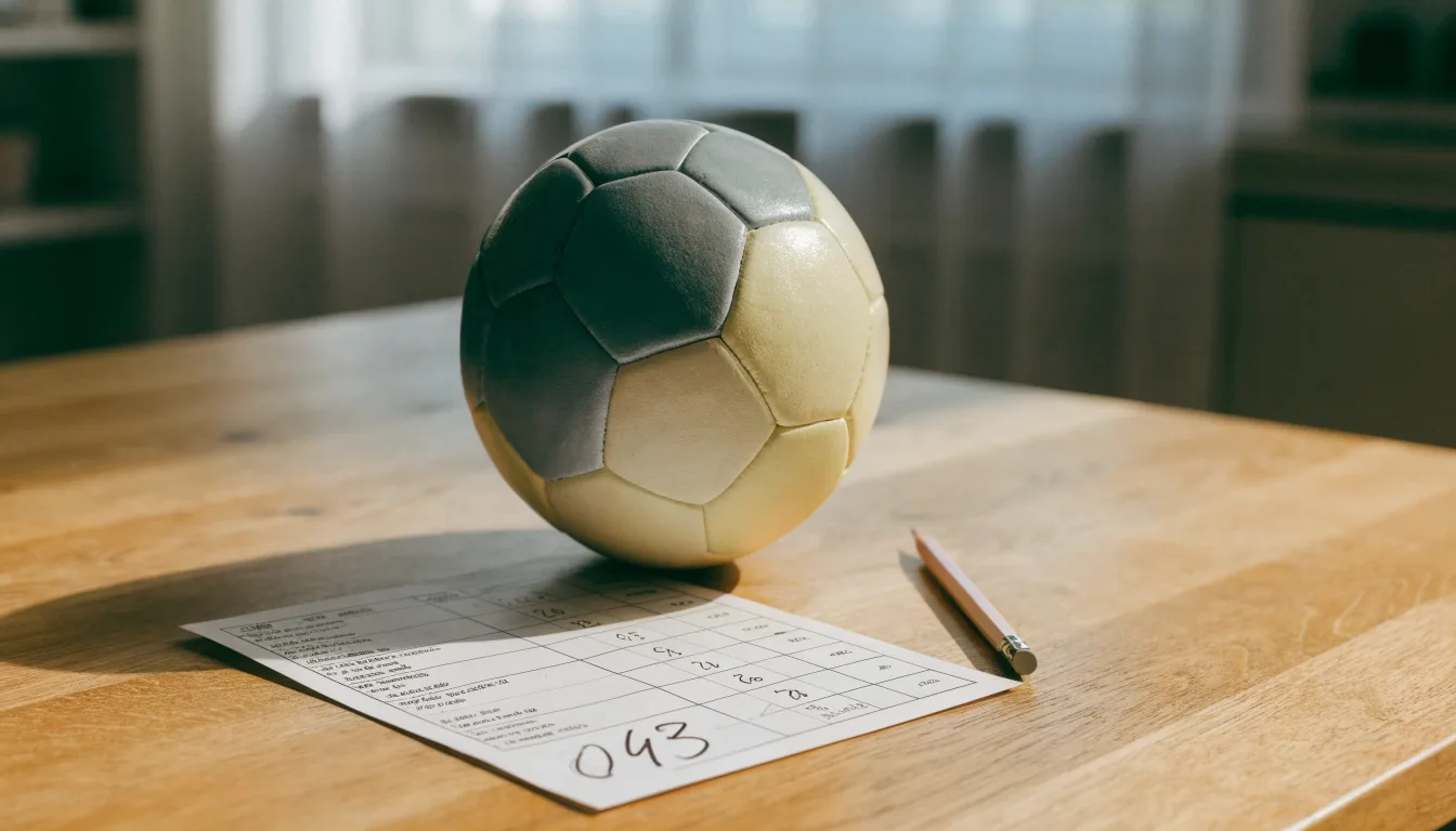 Un pallone da calcio appoggiato su una schedina bianca su un tavolo di legno, alla luce del giorno