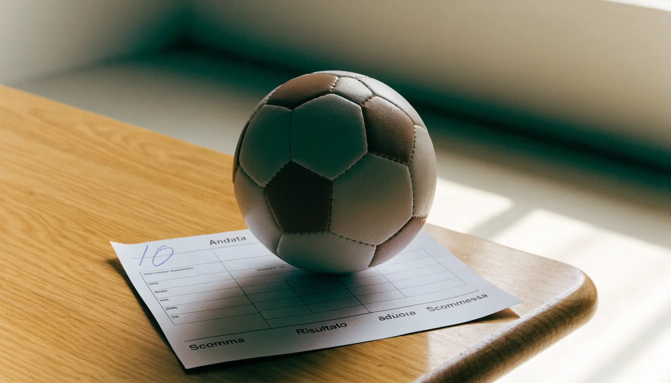 Un pallone da calcio appoggiato su una schedina bianca su un tavolo di legno, alla luce del giorno