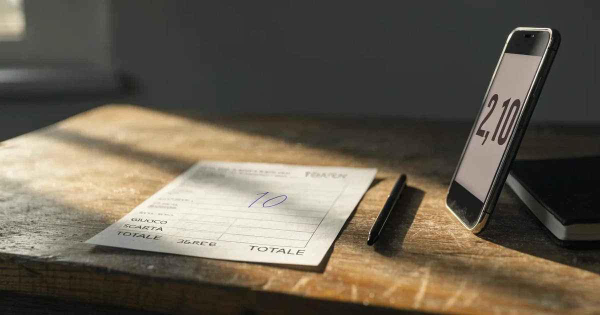 Un foglio di concessione in carta con un timbro rosso, appoggiato su una scrivania di legno accanto a una penna